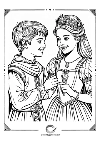 A classic prince and princess sharing a romantic moment in royal attire.