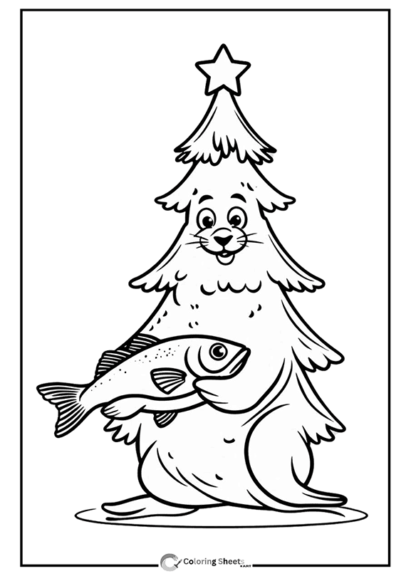 Seal Christmas Tree Coloring Page - Funny seal shaped like a Christmas tree holding a fish