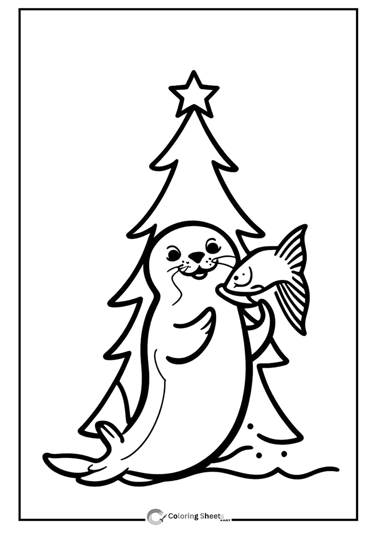 Cute Seal Christmas Coloring Page - Adorable seal holding a fish in front of a Christmas tree