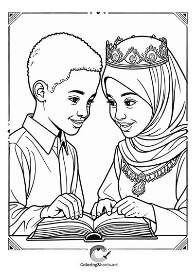 A royal couple reading a book together in elegant clothes and crowns.