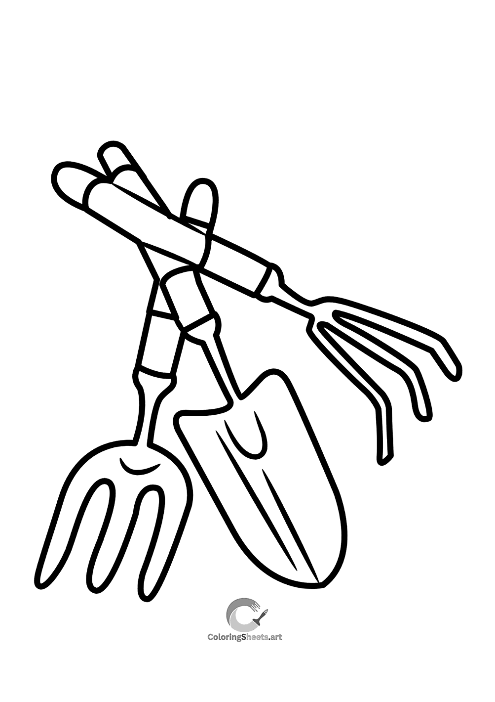 Gardening tools including a trowel and a hand fork.