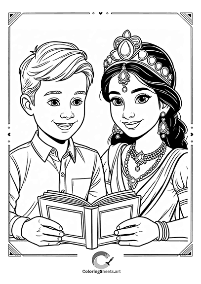 Traditional Indian prince and princess reading, wearing ornate jewelry.