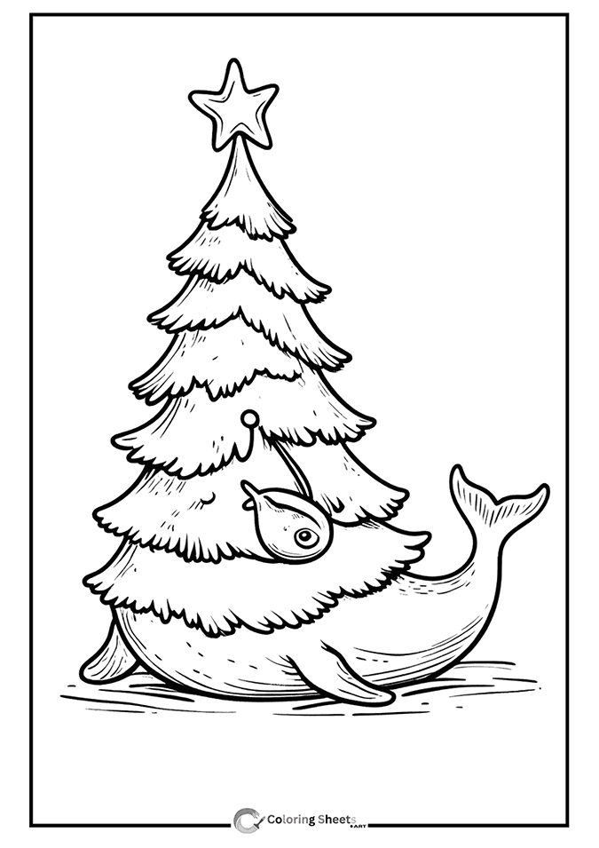 Whale Christmas Tree Coloring Page - Whimsical whale with a star as a Christmas tree