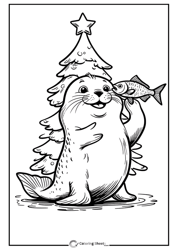 Happy Seal Christmas Coloring Page - Seal celebrating Christmas with a fish