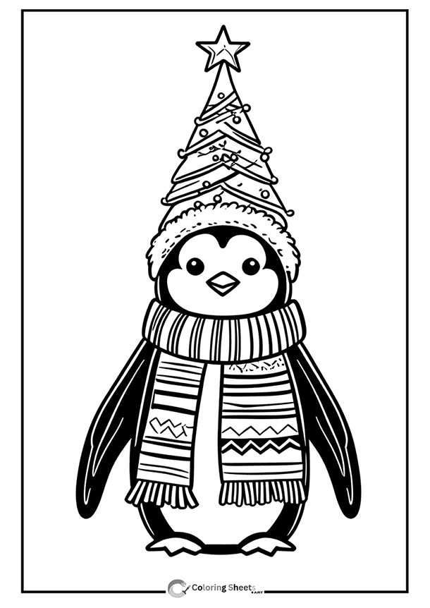 Penguin Christmas Tree Hat Coloring Page - Cute penguin wearing a scarf and Christmas tree hat