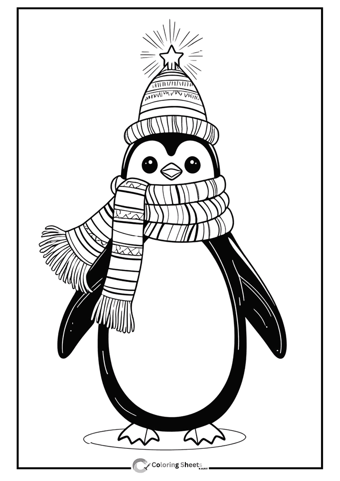 Cozy Penguin Winter Coloring Page - Charming penguin dressed in warm winter clothes