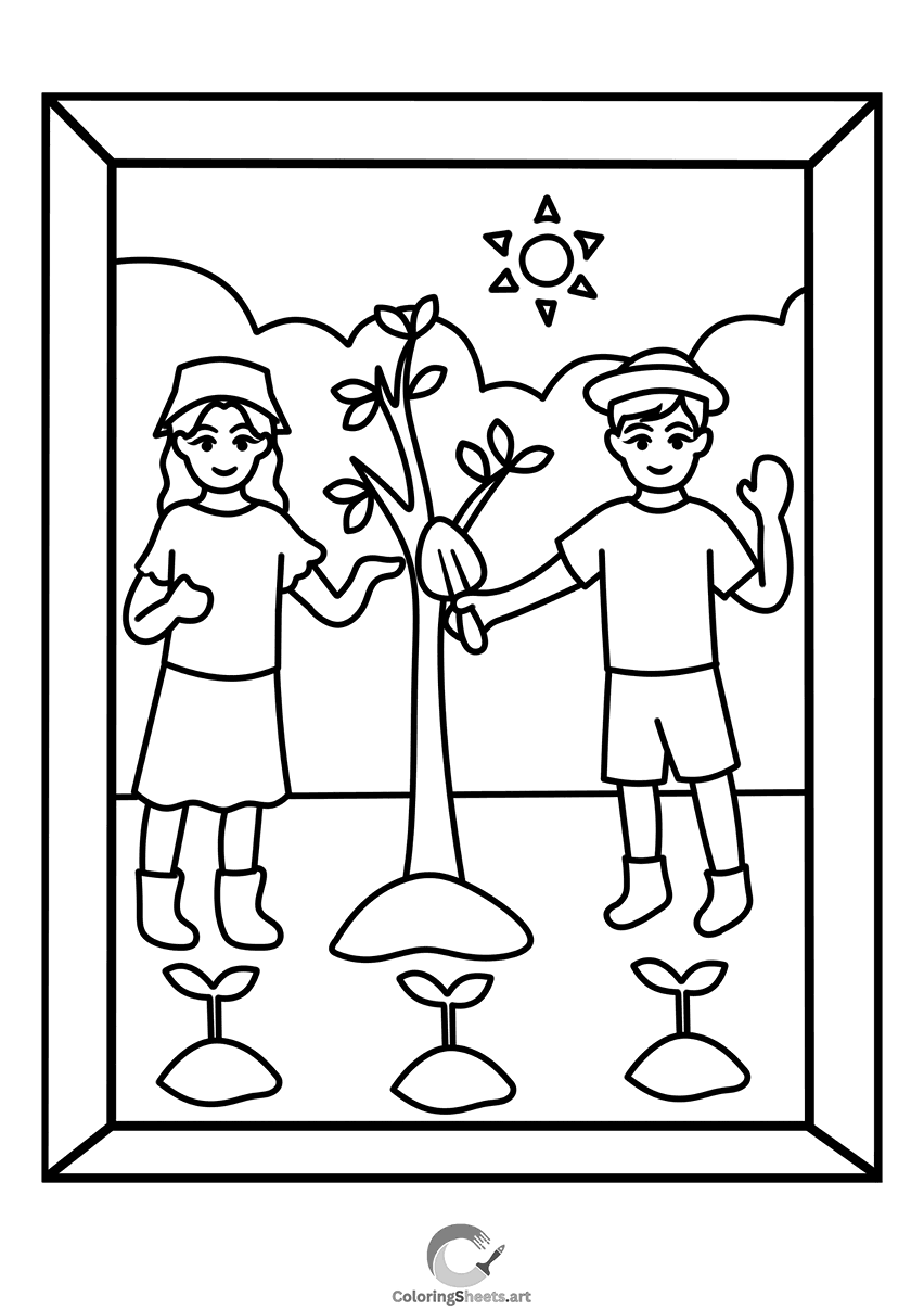 Two kids joyfully planting a new tree together.