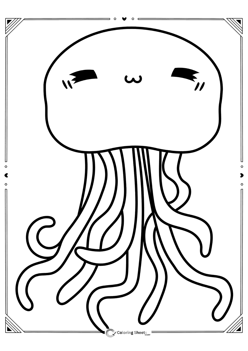 Cute Jellyfish Coloring Page - Kawaii jellyfish with rainbow tentacles