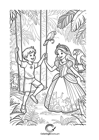 Royal Fun in the Jungle – A playful prince and princess swinging and exploring the jungle.