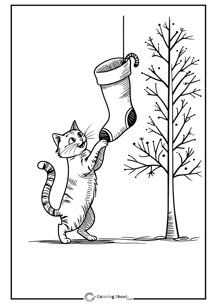 Cat Playing with Christmas Stocking Coloring Page - Playful cat interacting with a Christmas stocking