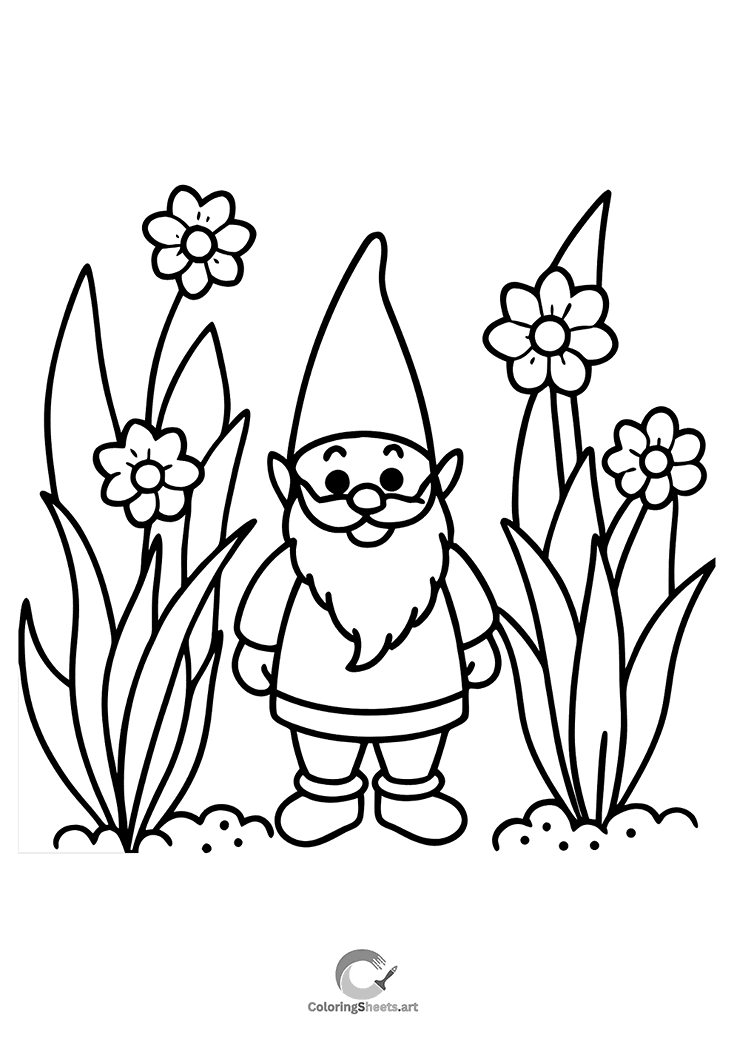 A cheerful garden gnome surrounded by flowers.