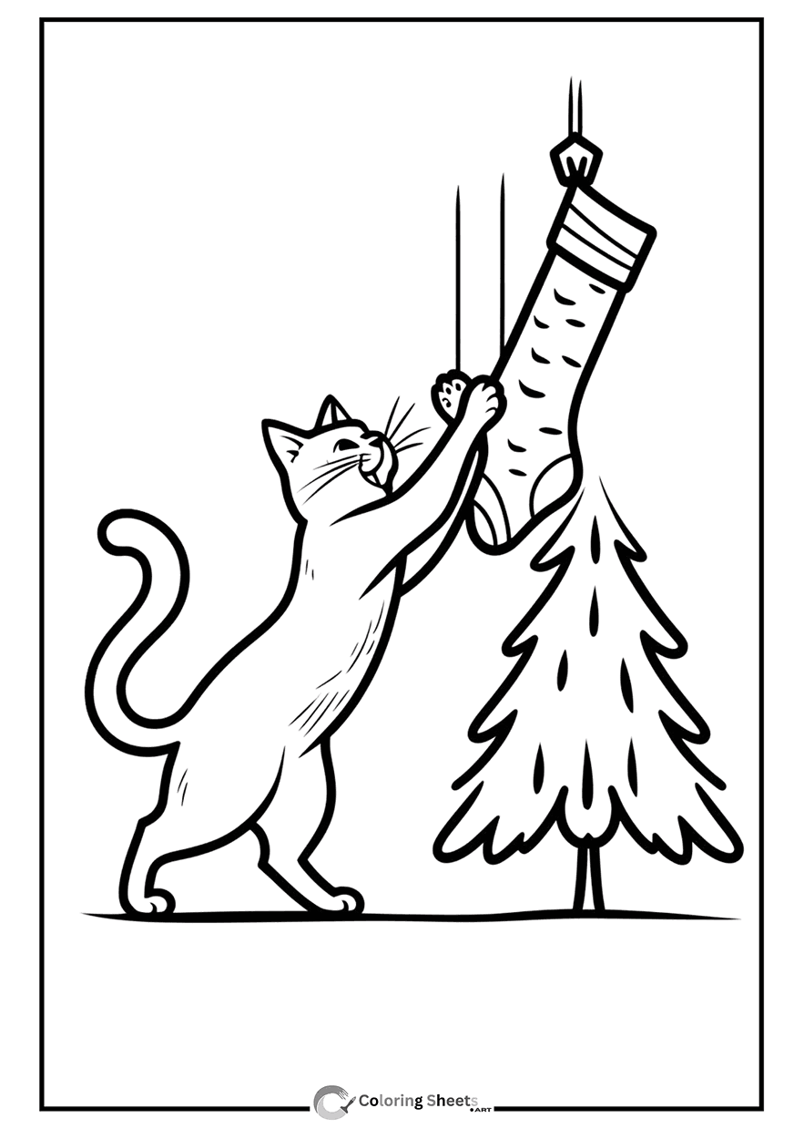 Cat by Christmas Tree Coloring Page - Cute cat reaching for a Christmas stocking near a tree