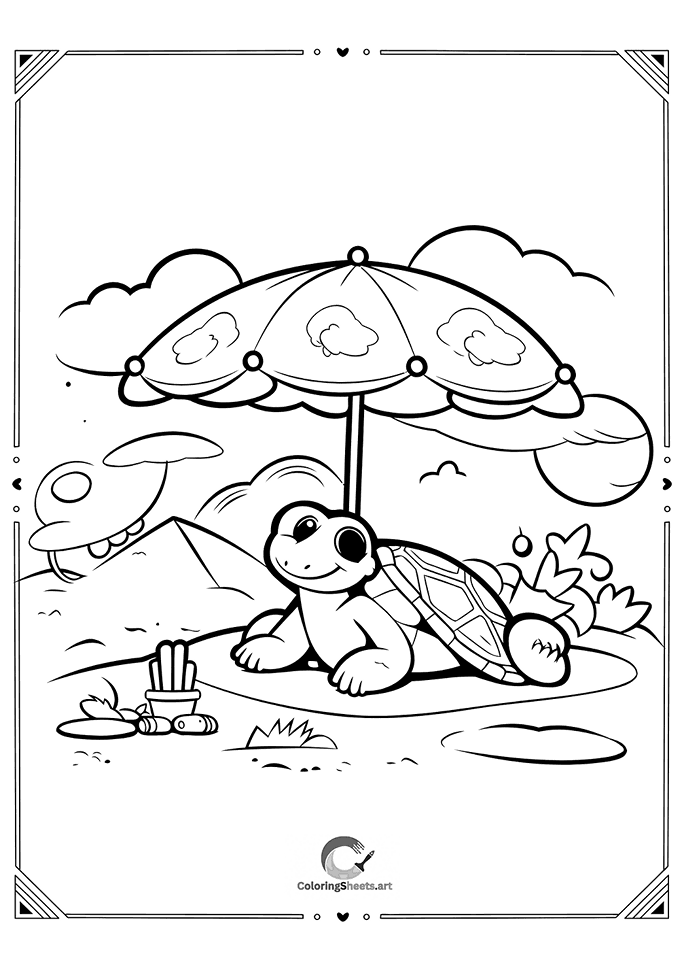 Turtle at the Beach Coloring Page - Relaxing turtle on the beach to color