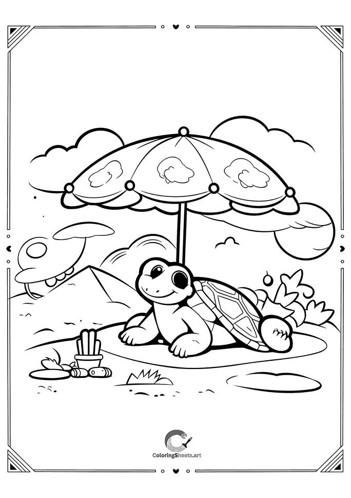 Turtle at the Beach Coloring Page - Relaxing turtle on the beach to color