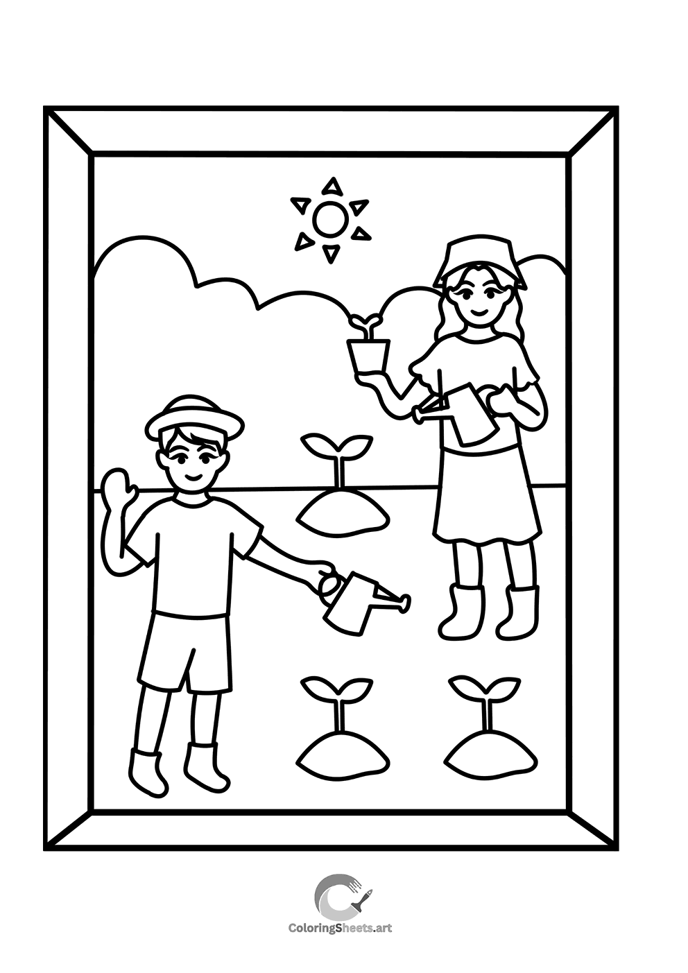 Children happily watering young plants in a garden.