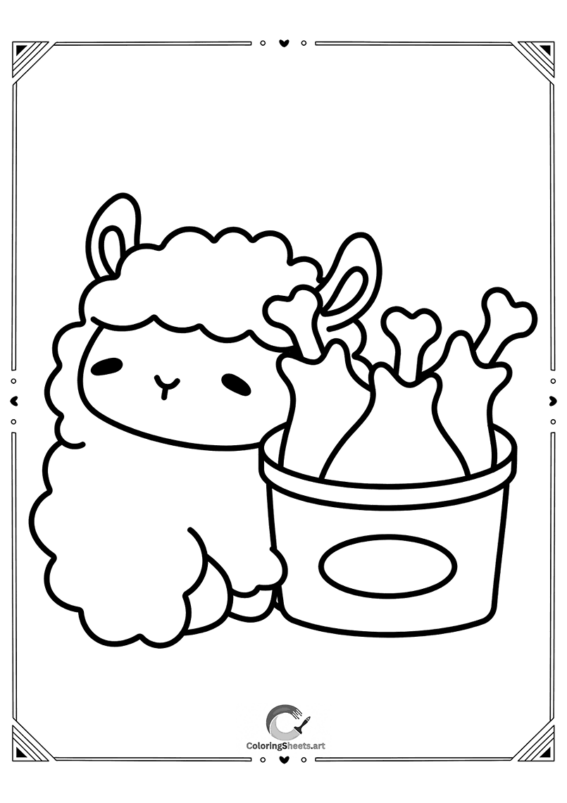 Llama with Fried Chicken Coloring Page - Kawaii llama eating fried chicken
