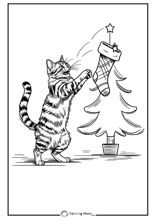 Tabby Cat Christmas Stocking Coloring Page - Tabby cat playing with a Christmas stocking