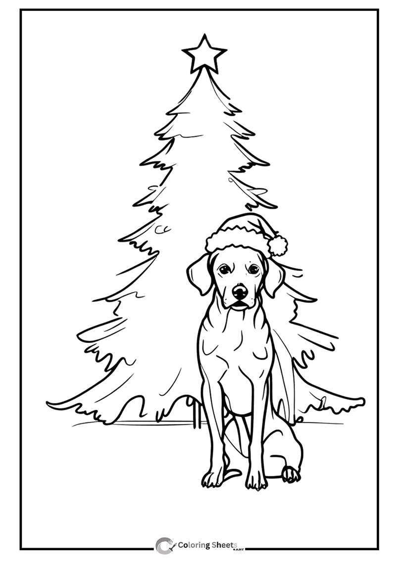 Dog Wearing Santa Hat Coloring Page - Dog in a Santa hat sitting by a Christmas tree