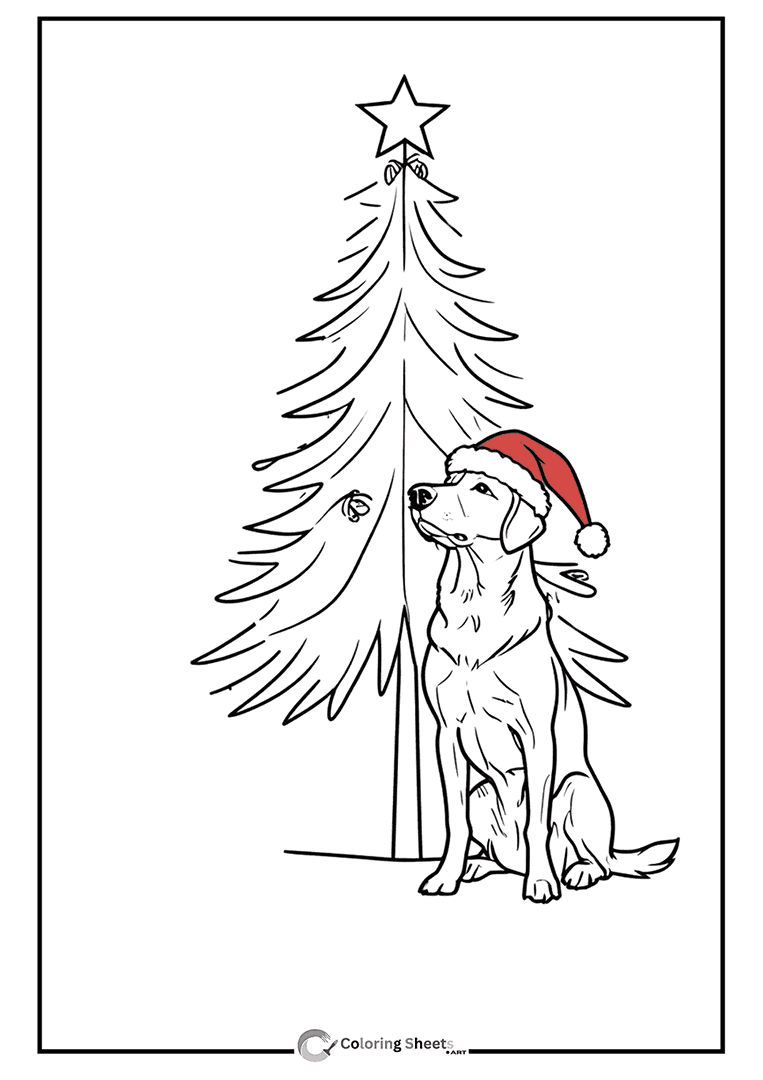 Labrador Dog Christmas Coloring Page - Handsome Labrador dog in a Santa hat by a Christmas tree