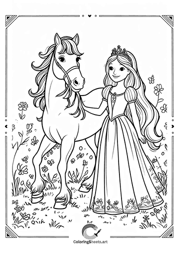 Princess and Her Beautiful Horse – A princess with her horse in a flower-filled meadow.