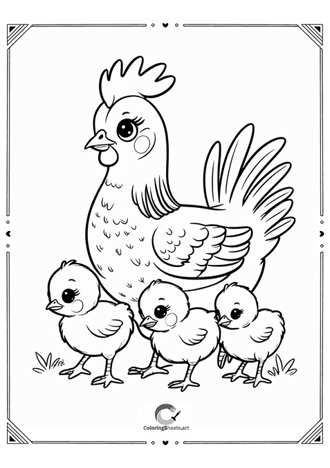 Hen and Chicks Coloring Page - Mother hen with baby chicks to color