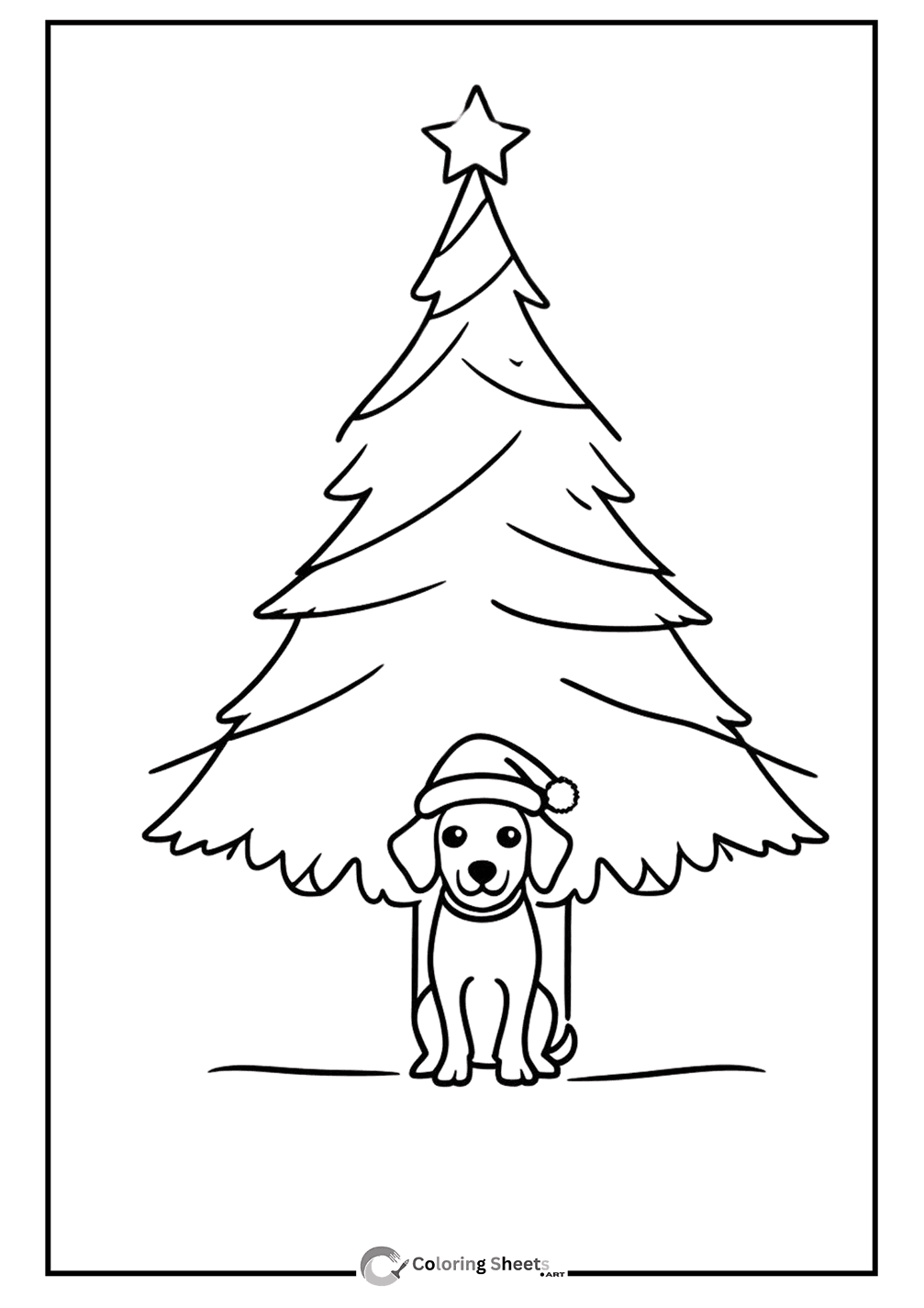 Puppy Under Christmas Tree Coloring Page - Adorable puppy hiding under a Christmas tree