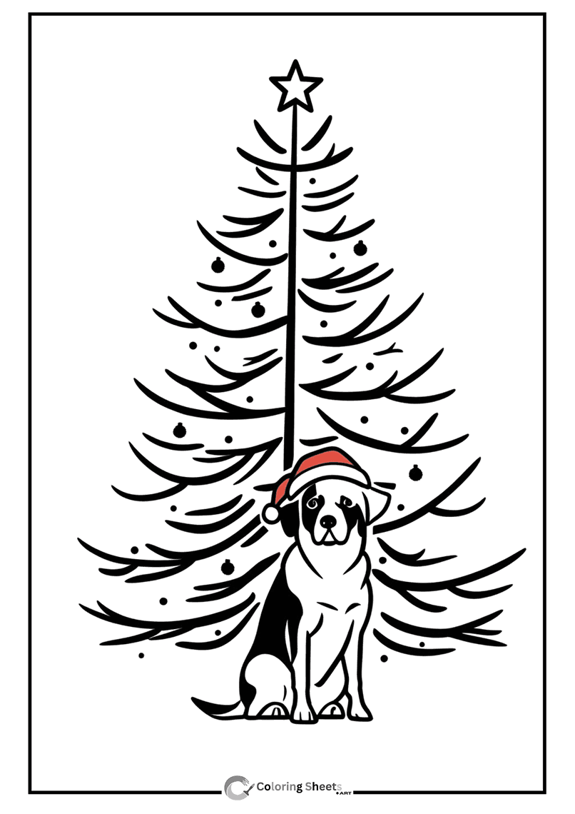 Boxer Dog Santa Hat Coloring Page - Boxer dog wearing a Santa hat near a modern Christmas tree