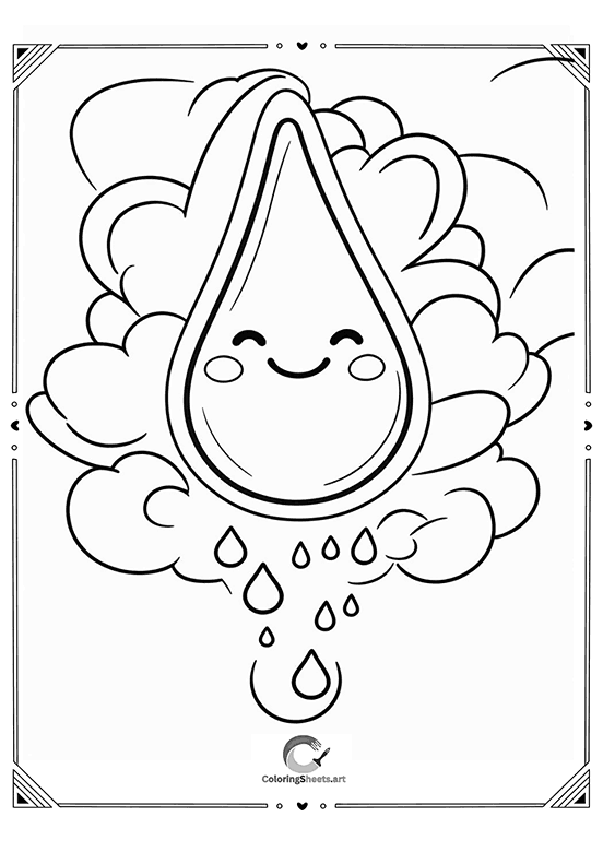 Happy Raindrop Coloring Page - Smiling raindrop among fluffy clouds