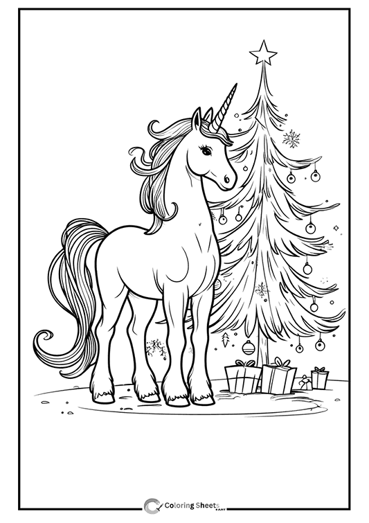 Unicorn Christmas Tree Coloring Page - Magical unicorn next to a decorated Christmas tree and presents