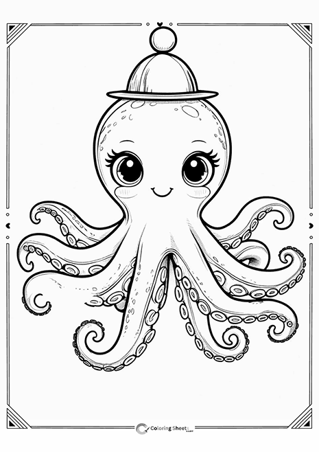 Octopus with Hat Coloring Page - Dapper octopus wearing a hat