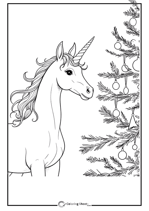 Unicorn Admiring Christmas Tree Coloring Page - Beautiful unicorn gazing at a Christmas tree's ornaments