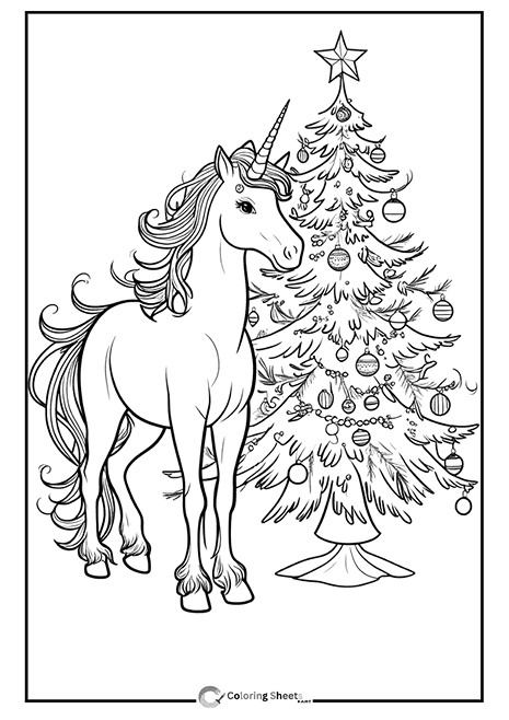Unicorn with Decorated Tree Coloring Page - Magnificent unicorn beside a beautifully decorated Christmas tree