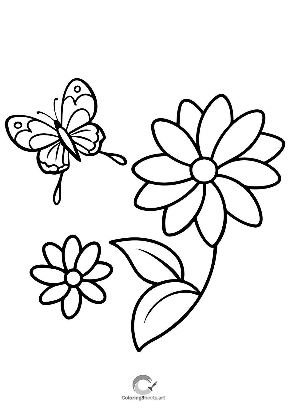 A butterfly near blooming flowers, floating peacefully.