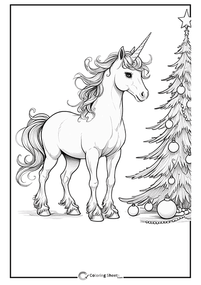 Elegant Unicorn Christmas Scene Coloring Page - Elegant unicorn with flowing mane near a Christmas tree