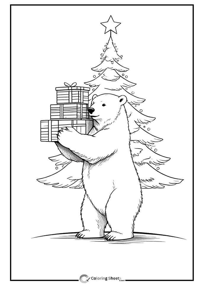 Polar Bear Christmas Gifts Coloring Page - Friendly polar bear holding a stack of Christmas presents
