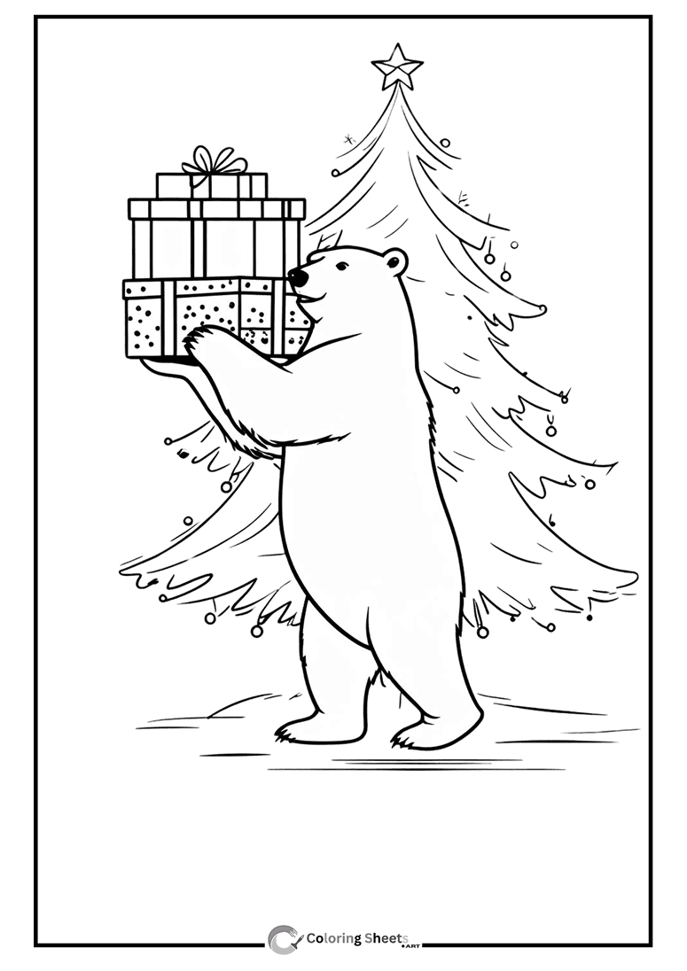 Happy Polar Bear Christmas Presents Coloring Page - Polar bear with Christmas gifts for everyone