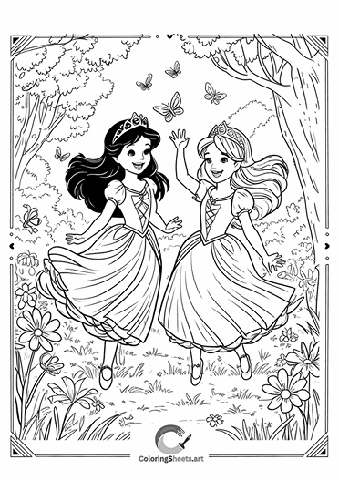 Princesses Dancing in the Woods – Two princesses dancing joyfully among butterflies.