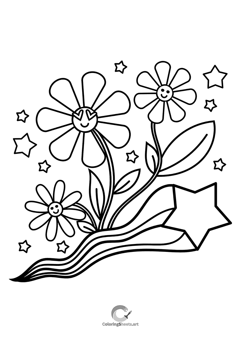 Smiling flowers surrounded by whimsical stars.