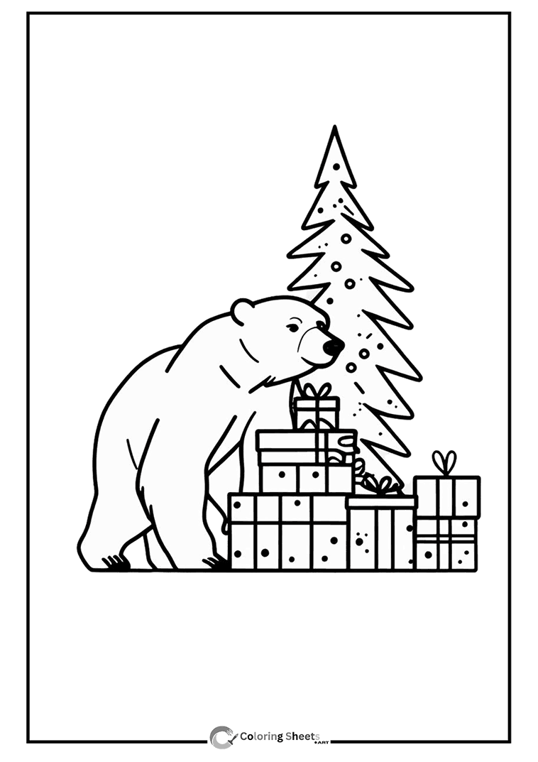 Polar Bear Christmas Tree Gifts Coloring Page - Polar bear near a Christmas tree with a pile of presents