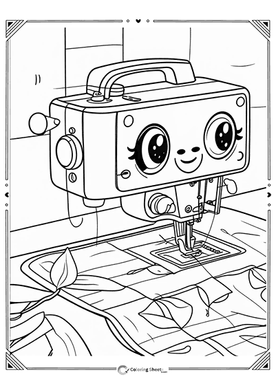 Sewing Machine Leaf Fabric Coloring Page - Sewing machine working on leafy fabric