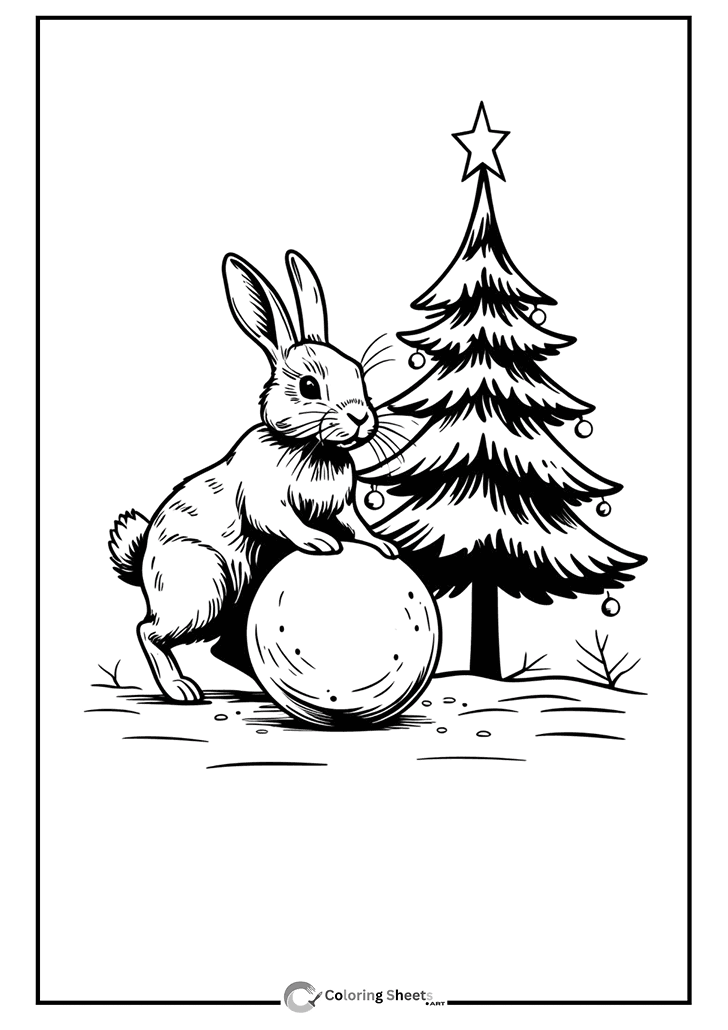 Rabbit Making Snowball Coloring Page - Cute rabbit rolling a big snowball next to a Christmas tree