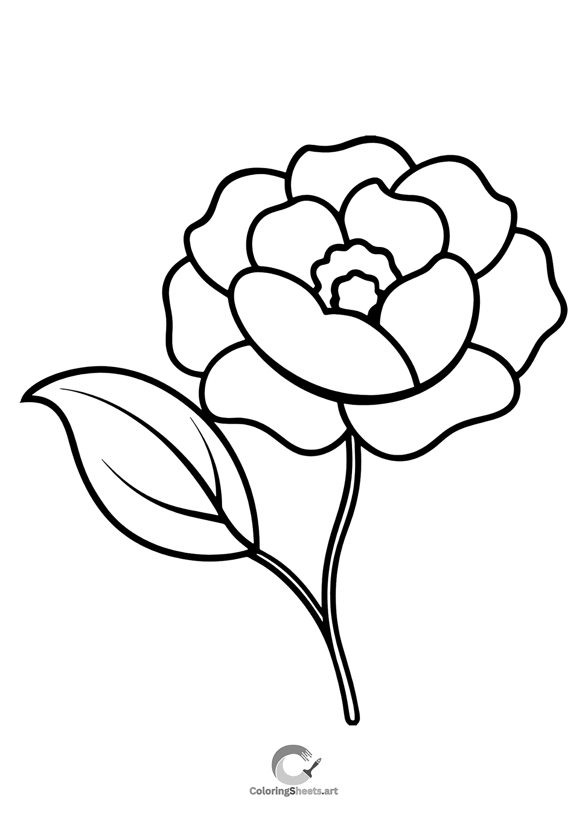 A camellia flower with a graceful leaf for coloring.