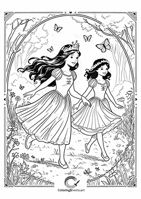 Princesses Taking a Walk – Older and younger princess walking hand-in-hand through nature.