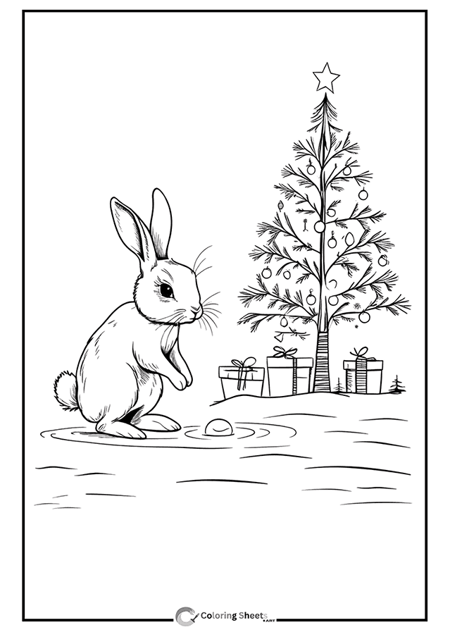 Rabbit on Christmas Morning Coloring Page - Rabbit near gifts and a decorated tree on Christmas morning