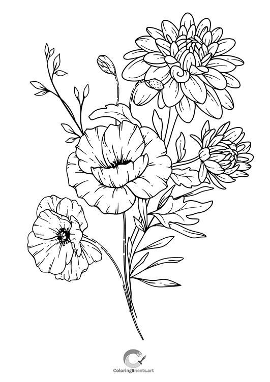 A bouquet of wildflowers including poppies and chrysanthemums.