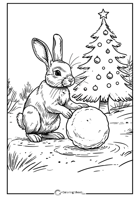 Rabbit with Snowball Coloring Page - Rabbit with a freshly made snowball in a winter scene