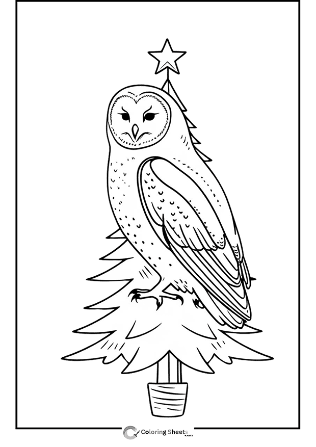 Owl Christmas Tree Topper Coloring Page - Barn owl perched on top of a Christmas tree