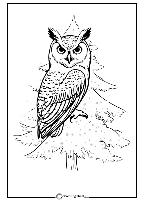 Great Horned Owl Christmas Tree Coloring Page - Great Horned Owl in front of a Christmas tree