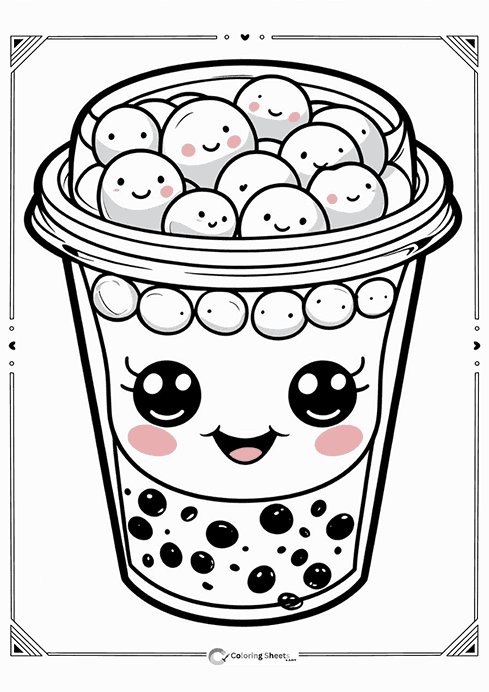 Kawaii Bubble Tea Coloring Page - Bubble tea with cute faces on boba pearls