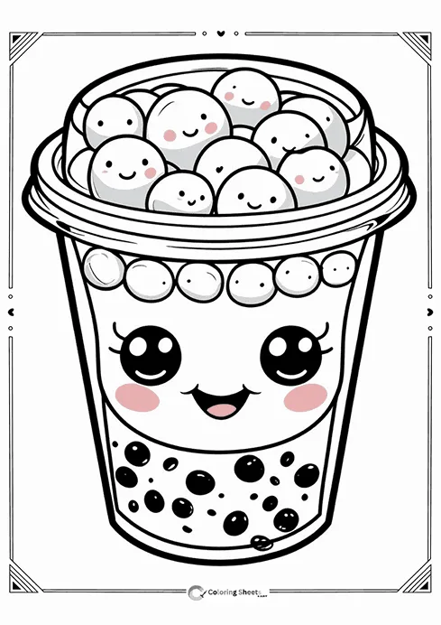 Kawaii Bubble Tea Coloring Page - Bubble tea with cute faces on boba pearls